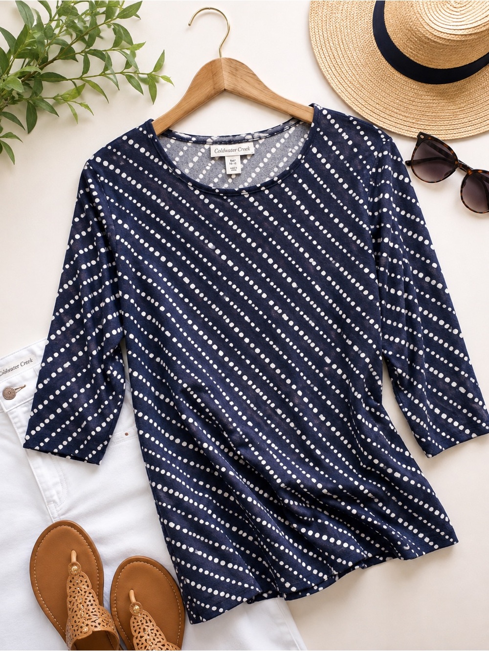 Coldwater Creek Navy Polka Dot Diagonal Stripe Top Size M 10-12